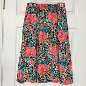 Vintage Elastic Waist Colorful Floral Midi Skirt Sz Small Petite